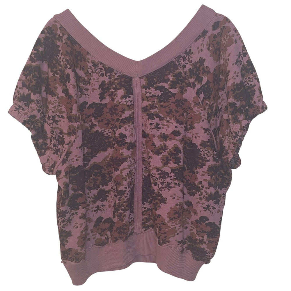 Pilcro Womens L Floral Print V Neck Short Sleeve Sweatshirt Top Pink Brown - Picture 2 of 8
